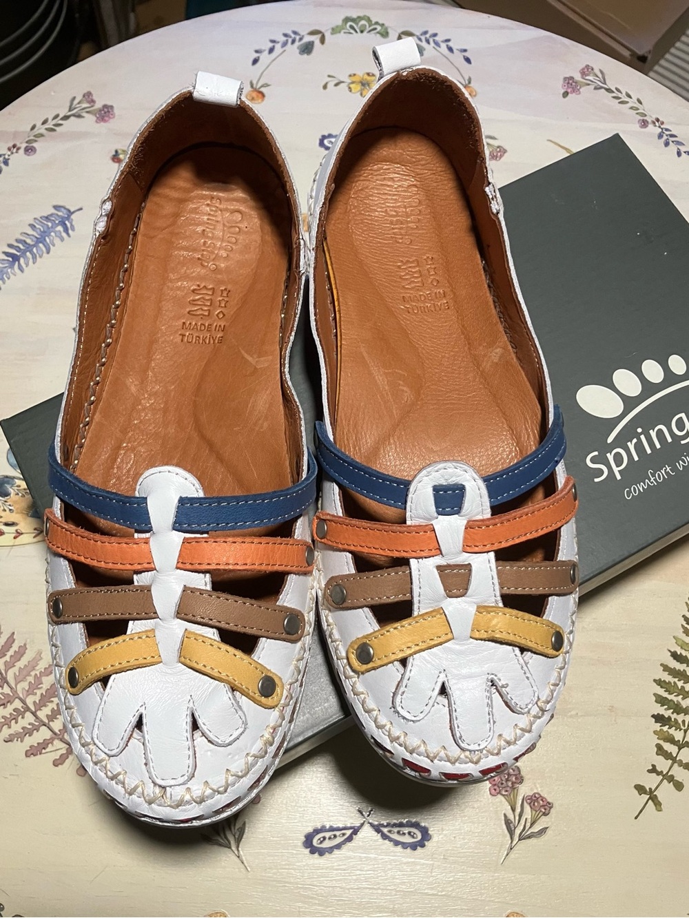 Spring Step White Leather Flats with Blue, Orange, Brown and Yellow Straps